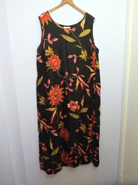 Vintage Paradise Bay Maxi Dress Black Floral Hawaiian Sleeveless Tie Back XL